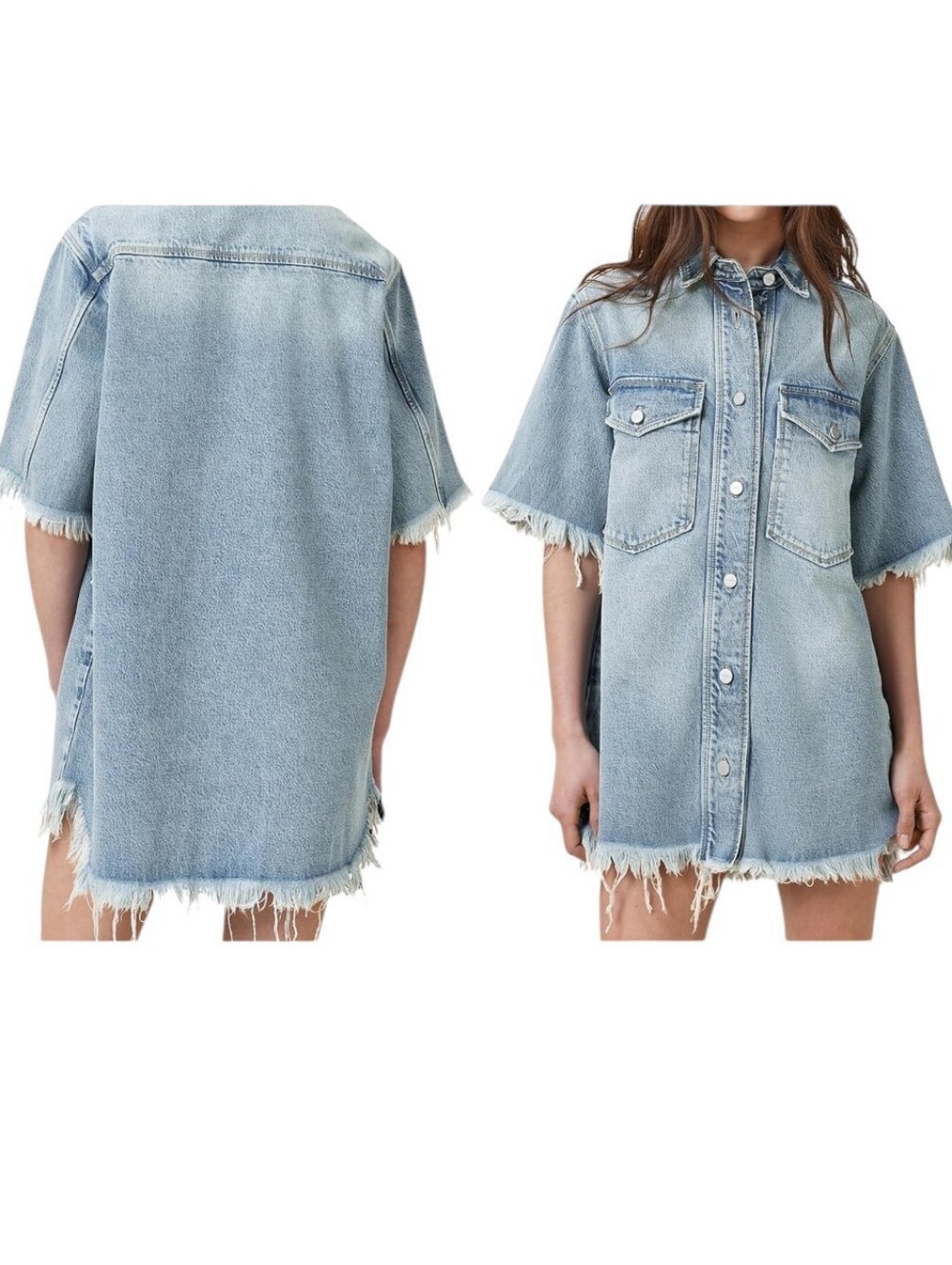 NWT AllSaints Faye Short sleeve Denim Dress Frayed Buttondown Light Indigo Blue